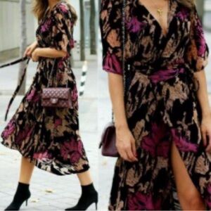 Zara Devore Black and Pink Velvet Wrap Dress